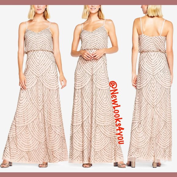 NEW Adrianna Papell‎ Art Deco Beaded Blouson Gown in Taupe Pink [SZ 10 12 14 ] - Picture 11 of 11